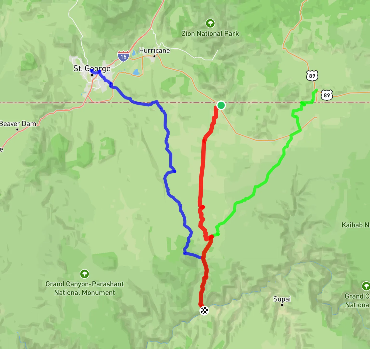 Mapa de las tres rutas a Toroweap